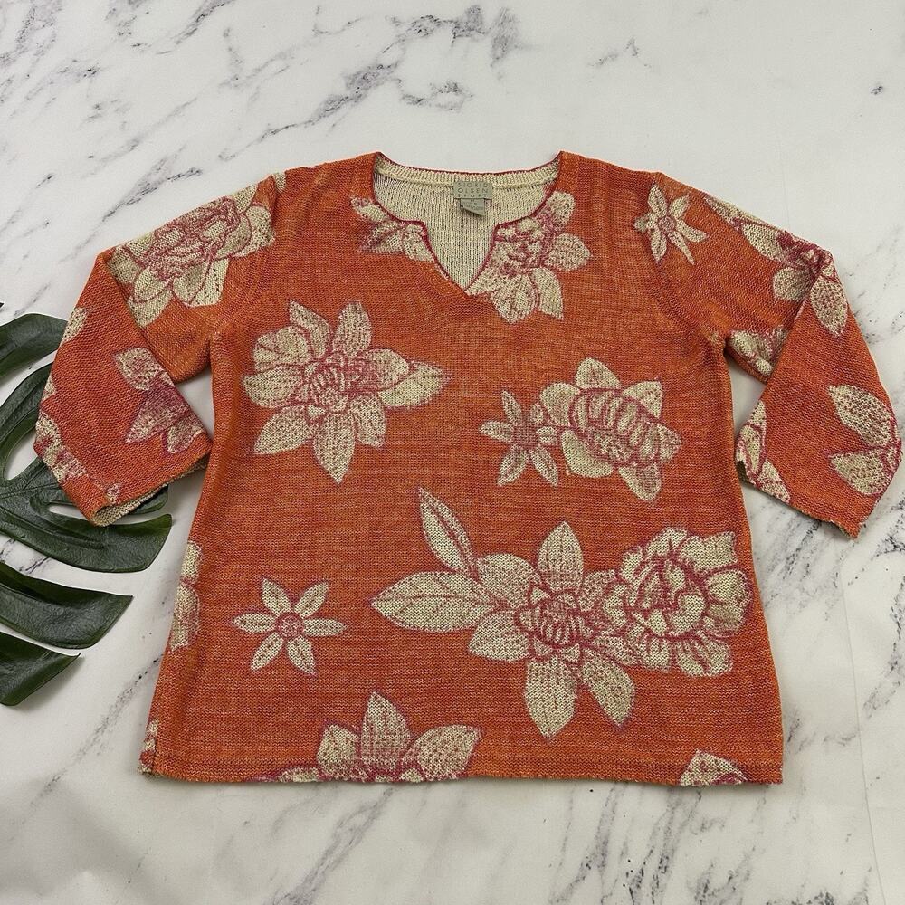 Sigrid Olsen Womens Vintage Y2k Sweater Top Size M Orange Pink Floral 3/4 Sleeve